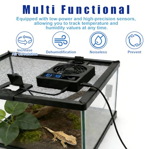 kathson Reptile Ventilation Fan with Humidity Sensor, Reptile Dehumidifier with LED Digital Thermometer for Reptile Enclosure and Terrarium, Terrarium Fan for Snake Bearded Dragon Gecko