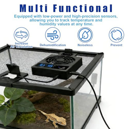 kathson Reptile Ventilation Fan with Humidity Sensor, Reptile Dehumidifier with LED Digital Thermometer for Reptile Enclosure and Terrarium, Terrarium Fan for Snake Bearded Dragon Gecko