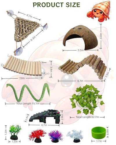 12-in-1 Hermit Crab Accessories Kit, 2026 New Kit for Bearded Dragon, Coconut Shell Hideout, Climbing Bridge, Hammock, Vines & Plants, Reptile Terrarium Decor for Gecko, Lizard, Amphibians