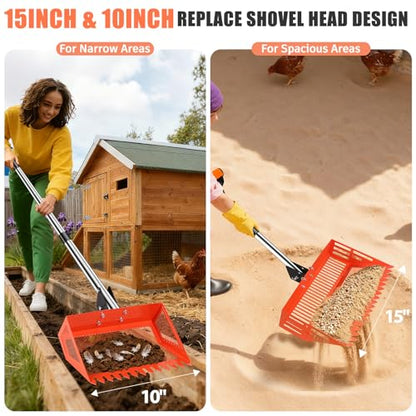 15/10'' Chicken Poop Scooper & Rake,4 IN 1 Chicken Coop Scoop with 2 Large Metal Shovel Heads,Chicken Coop Scooper for Sand,Chicken Scoop with Long Handle,Sifting Shovel for Chicken Coops(37 to 65in)
