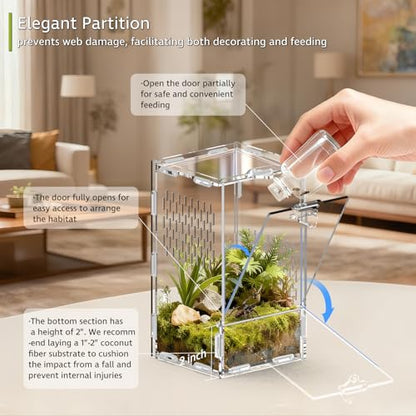 Jumping Spider Enclosure, Front-Opening Acrylic Spider Terrarium with Magnetic Door,Laser-Cut Biomimetic Ventilation System, Escape-Proof for Feeder Insects (4.3"x4.3"x7.8") - size: 4.3"x4.3"x7.8"