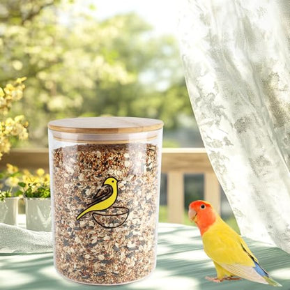 108 oz Bird Seed Storage Container,Circle Glass Bird Food Container with Airtight Wood Lid,Pet Food Storing with Birds Seed Scoop,for Wild Small Birds Food Storage,Birdfeed,Nuts(Clear)