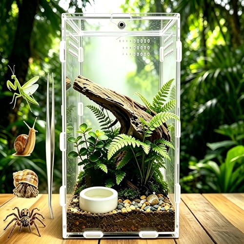 Jumping Spider Enclosure, Acrylic Terrarium(Tweezer and Bowl Included) | Easy-Clean Habitat with Magnetic Door for Spider, Tarantula, Mantis, Snail-5.9" x 5.9" x 9.8" - size: Basic Vertical-Kit