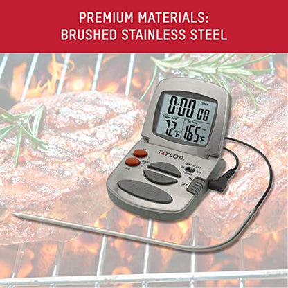 Taylor Programmable Instant-Read Wired Probe Digital Meat Thermometer, Stainless Steel for BBQ, Grill, Kitchen Cooking, Accurate Temperature Readings