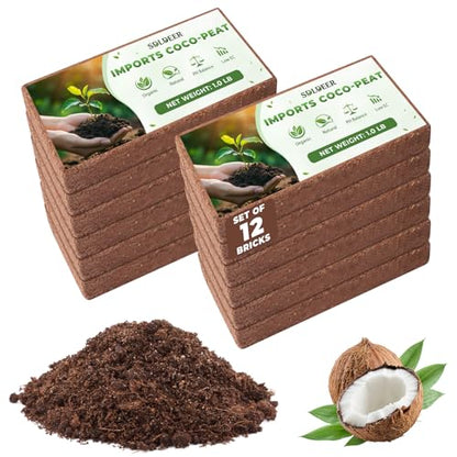 12 PCS Coco Coir Bricks - Compressed Coconut Fiber Substrate for Plants, Gardening, Potting Mix. Low EC & Balanced pH Natural Growth Medium for Seed Starting, Herbs