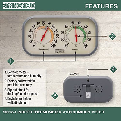 Springfield Color Track Humidity Meter and Indoor Thermometer, Analog Weather Station for the Bedroom, Nursery, Storage, and Inside the Home