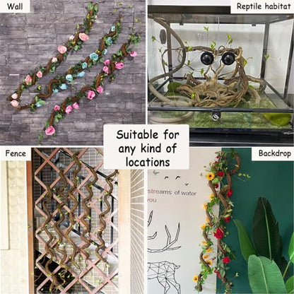 63in Bendable Thick Artificial Tree Branches Faux Wood Tree Trunk Twigs Grapevines Moss Plants Garland With Green Leaves For Wall Hanging Reptile Climbing Halloween Outdoor Arch Home Garden Decoration