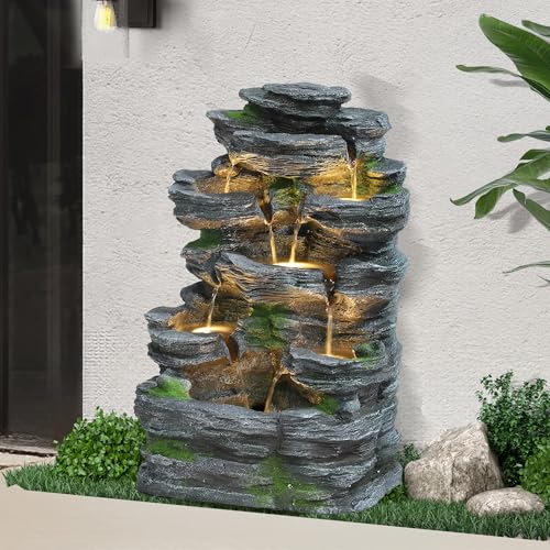 Cascading Rock Water Fountain Outdoor - Waterfalls Fountains with LED Lights, Outdoor/Indoor Resin Fountain for Patio, Garden, Backyard, Deck, Porch, Home Art Docor (24" H) - size: 24"H