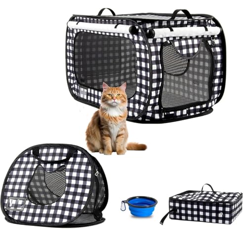 Pop up Large Cat Carrier, 30'' L Kennel Soft Crates with Portable Mini Cat Carrier,Travel Littler Box, Mattress,Food Bowl,4 Stakes and Carry Bag - color: 31.5‘’L B&W Carriers Set