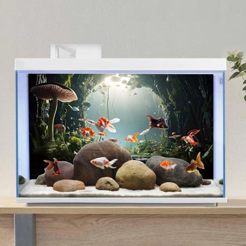 AWERT 36x24 inches Aquarium Background Foggy Stone Mushroom Moss Terrarium Background Polyester Green Plants Cave Fish Tank Background - size: 36x24in/90x60cm