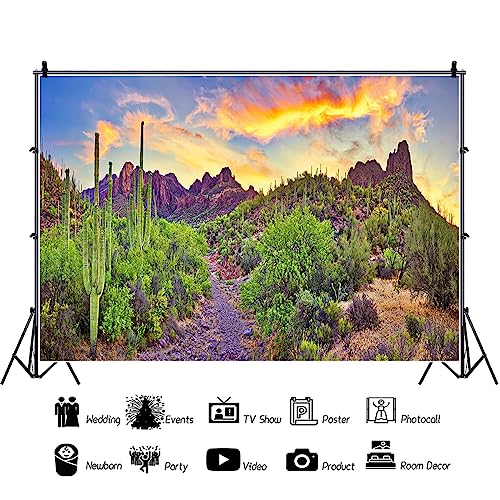AOFOTO 10x7ft Western Desert Backdrop Arizona National Park Rock Mountain Green Plants Saguaro Cactus Landscape Terrarium Background Reptile Habitat Tank Decor Cowboy Pet Portrait Photo Shoot Props - size: 10x7ft
