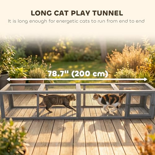 PawHut Outdoor Cat Tunnel with Extendable Design, 79" L Wooden Cat Run with Weather Protection, Connecting Inside and Outside, for Deck Patios, Balconies, Dark Gray