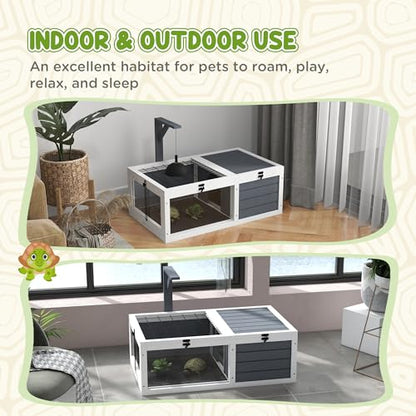 Tortoise Habitat, Wooden Tortoise House, Indoor Outdoor Tortoise Enclosure with Lamp Holder, Pull-out Waterproof Trays, Openable Lids, Gray