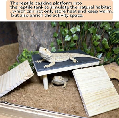 Bearded Dragon Platform Wooden Reptile Hideout Cave Climbing Tank Accessories with Reptile Basking Rock for Leopard Gecko Lizard Tortoise - size: Large