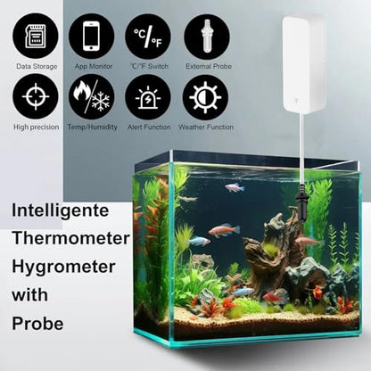 Smart Thermometer Hygrometer with Probe, WiFi Aquarium Temperature Humidity Gauge with App Remote Monitor, Indoor Refrigerator Thermometer Sensor, Data Storage&Export, Compatible with Alexa. 4PCS - style: 4PCS