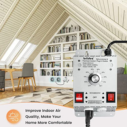 Crawl Space Humidistat Controller, Briidea Dehumidistat and Thermostat Control with 2 Plug in Outlets, Ideal for Basements Attics Garages, Reduce the Crawl Space Humidity Level