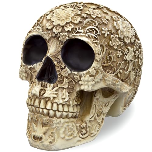 READAEER Life Size Skull Resin Floral Human Skull Model Adult Head Bone Model Day of The Dead Décor - style: Floral