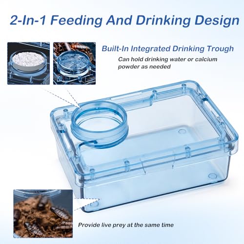 Reptile Anti-Escape Feeder, Transparent Blue Live Food Feeding Dish with Water Bowl, Escape Proof Feeding Container for Lizard Gecko Bearded Dragon Chameleon Spider Hermit Crab