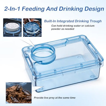 Reptile Anti-Escape Feeder, Transparent Blue Live Food Feeding Dish with Water Bowl, Escape Proof Feeding Container for Lizard Gecko Bearded Dragon Chameleon Spider Hermit Crab
