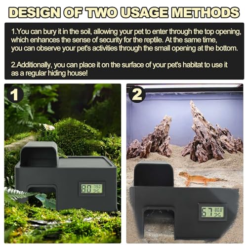 Reptile Humid Underground Cave Viewing Hide,with a Humidification Groove Equipped with a Temperature and Humidity Dish,Lizards,Corn Snake,Leopard Gecko Hideout Reptile Habitat Tank Enrichment.