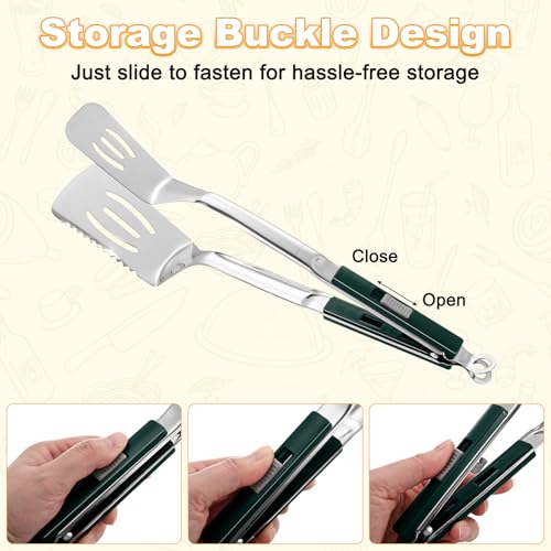 M METERXITY Spatula Tongs, 13.4 Inch 304 Stainless Steel Anti-Scald Extended Serrated Multifunctional Flipper Grill Clamp for Cooking/Barbecue, Kitchen Cooking Tong [Green Handle, Silver Tone] - color: Green Handle, Silver Tone