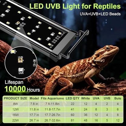 12W LED UVB Light for Reptiles Terrarium Light Extendable Reptile Tank Light with Controller ＆Dimming and 5 UVI Modes Full Spectrum Brilliant White Blue Red Lights for Bearded Dragon, Gecko - size: 12W-14IN
