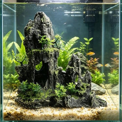 Saim Large Aquarium Mountain View Stone 11.02" Tall Resin Cave Ornament – Betta Hideout with Artificial Plants, for Cichlids Goldfish, Multi-Cave Aquascape Fish Tank Accessories