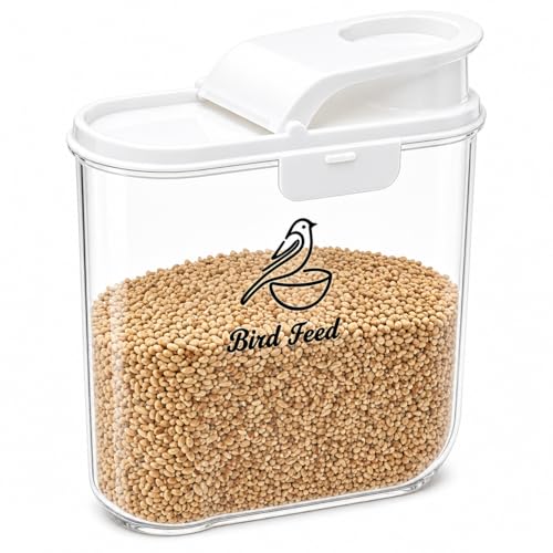 Bird Seed Storage Container, Airtight 2L/4.5Lbs Bird Food Container with Scale & Pour Spout, Portable Bird Food Holder to Keep Food Fresh|BPA-Free-White - color: White