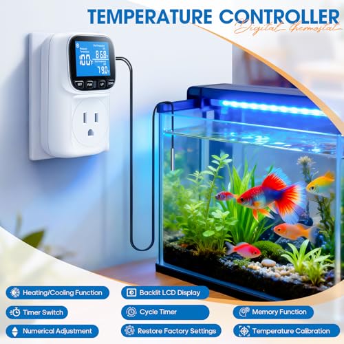 Plug in Thermostat Temperature Controlled, Heavy Duty 15A/1800W Thermostat Outlet Plug with LCD Display,-40°F~210°F Range & 0.1°F Accuracy for Aquarium Greenhouse Incubator