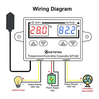 KETOTEK Temperature Humidity Controller Digital Thermostat Module 120V, Heating Cooling Humidification and dehumidification Control 110V 10A, Fahrenheit Display