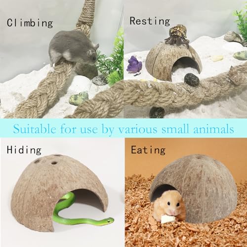 2PCS Hermit Crab Accessories，25.9inx1.58in Reptile Climbing Rope，Natural Coconut Reptile Hideouts，Ermit Crab, Hamster, Chameleon, Tree Frog, Lizard, Gecko Habitat Aquarium Decoration