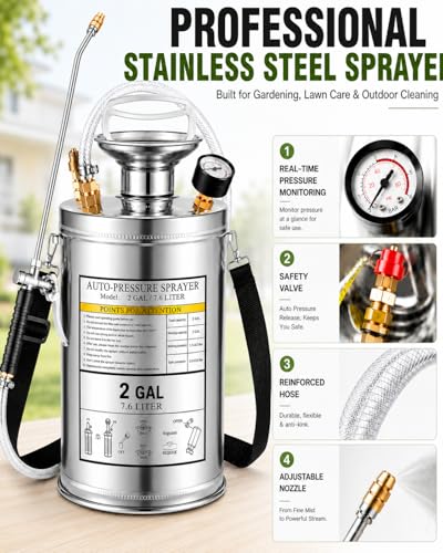 3.5 Gallon Stainless Steel Sprayer, Hand Metal Pump Up Sprayer Reinforced Hose with Pressure Gauge, Safety Valve & Adjustable Nozzle, Garden Weed Sprayers for Lawn, Gardening, Sanitizing - style: 3.5 Gal