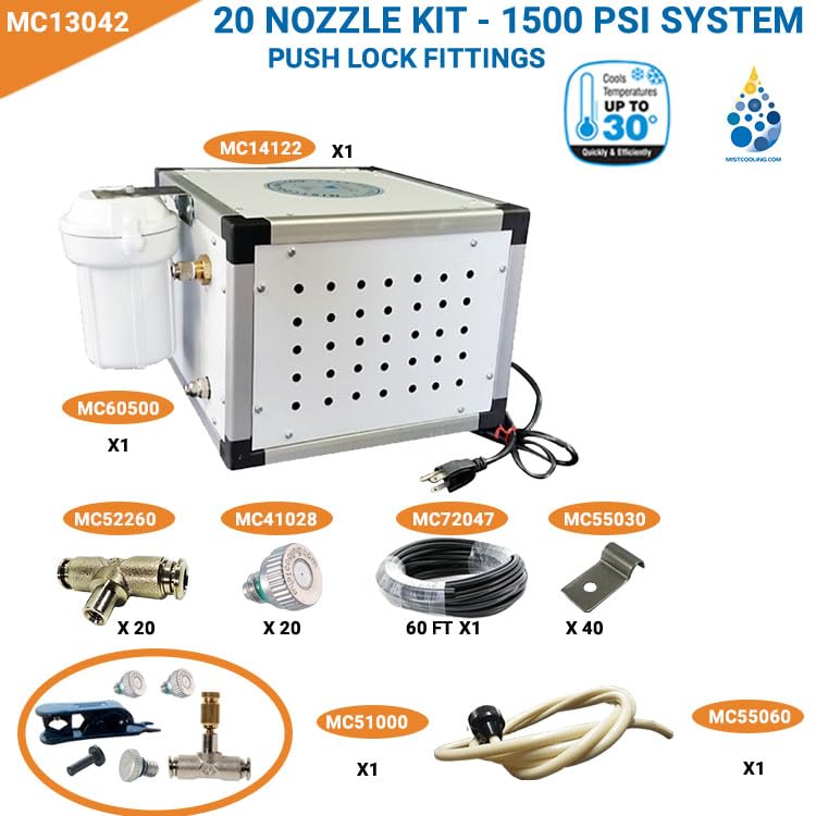 High Pressure Misting system 1500 PSI - Mistcooling System - For Patio Misting - Residential, Restaurant and Industrial - With Smart Phone Controller - Flexible (60 Feet - 20 Nozzles) - size: 60 Feet - 20 Nozzles