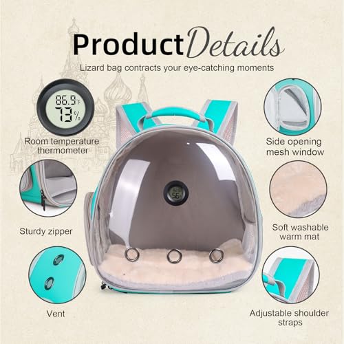 Bearded Dragon Travel Backpack Carrier with Reptile Thermometer and Humidity Gauge Lizard Travel Cage Space Capsule Clear Bubble Window Astronaut Reptile Bag for Ball Python (Green, Backpack) - color: Green, size: Backpack