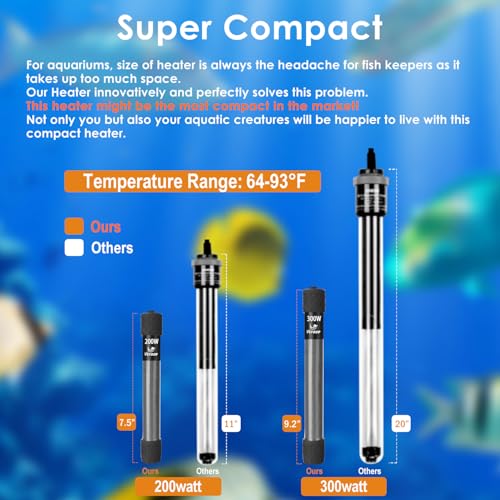 300W Compact Aquarium Heater for 40-60 Gallon Tanks | Submersible Fish Tank Heater with LED Digital Thermostat, Dry-Run & Overheat Protection, Memory Function - size: For Tanks 40-60 Gal