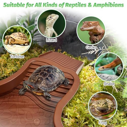 PINVNBY Large Reptile Bathing Pool Tortoise Water Dish with Removable Ramp and Leaf Reptile Food Dish & Water Bowl Tortoise Habitat Accessories for Turtle Lizard Gecko Snake (Red)