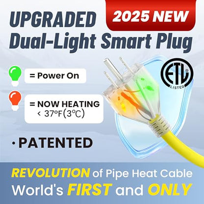 18 Ft Upgraded Dual-Indicators Heat Tape for Water Pipes, YeloDeer Self-Regulating Heat Trace with Thermostat, Heating Cable with Extra End Seals for Metal and Plastic Pipes 120V - style: 18-feet