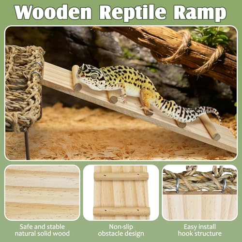 Fhiny Bearded Dragon Lounger with Wooden Ladder, Reptile Bed with Metal Legs Seagrass Hammock for Reptile, Tank Accessories Decor for Lizards Leopard Gecko Snake Hermit Crab Frog