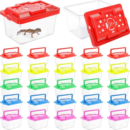 LemonRoad 25 Pcs Plastic Reptile Terrariums Carrier Cage Enclosure Snake Breeding Box Hatching Container Fish Tank with Ventilated Lid for Tarantula Spider Turtle Lizard (Cute,5.1x3.5x3.5 Inch) - color: Cute, size: 5.1x3.5x3.5 Inch