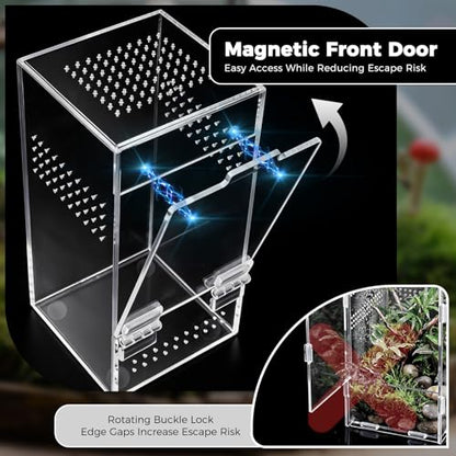 Jumping Spider Enclosure, Escape-Proof Transparent Acrylic Habitat with Magnetic Door, All-Side Ventilation Arboreal Tarantula Crib, Clear Reptile Tank for Praying Mantis & Insects, 3.5x3.5x7 in
