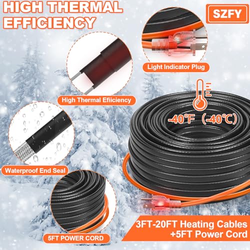24FT Heat Tape for Water Pipes, -40°F Deicing Cable,Pipe Heating Cables for Roof,Gutter，Farm，Freeze Protetion Heat Trace Cable, Heated Water Hose,Plumbing Fixtures,120V 5W/FT - size: 23FT