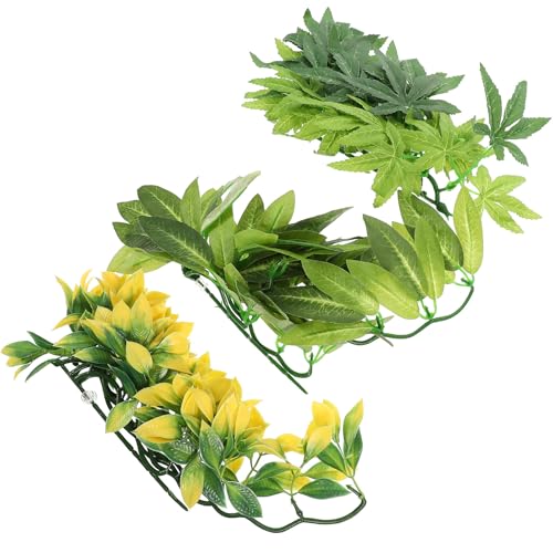 DOITOOL 3pcs Reptile Tank Decorative Artificial Plants with Suction Cups, Lifelike Fake Leaves Ornament Set for Terrarium Environment Decoration