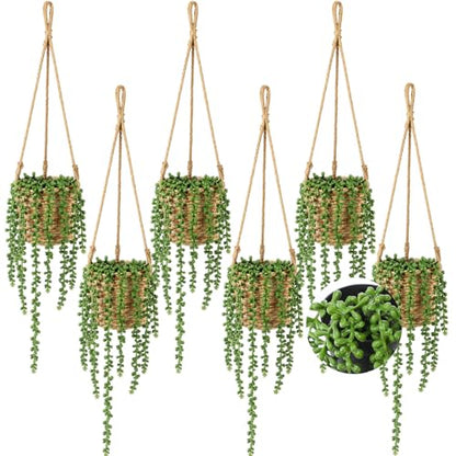 Giegxin Summer Mini Hanging Artificial Plant with Woven Basket Boho Fake Plants Ivy Faux Vines Eucalyptus Leaf for Indoor Home Wall Shelf Decor(6 Set,Green,Hanging Plant Basket) - size: Hanging Plant Basket
