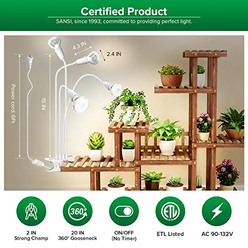 SANSI LED Grow Lights for Indoor Plants, 600W Full Spectrum Clip-on Gooseneck Grow Light with Ceramic Tech.,40W Plant Light for Indoor Growing High PPFD, Lifetime Free Bulb Replacement White, No Timer - size: 4 Head 1-Pack