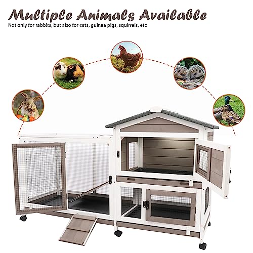 Gowoodhut Rabbit Hutch Indoor Outdoor 2 Story Bunny Cage with 3 No Leak Trays,55.31" L Guinea Pig Cages Rabbit Cage with 6 Wheels for Guinea Pig,Rabbit for Rabbit Lover|Pet Lover(White/Grey) - size: 55.3"L x 21.7"W x 34.7"H