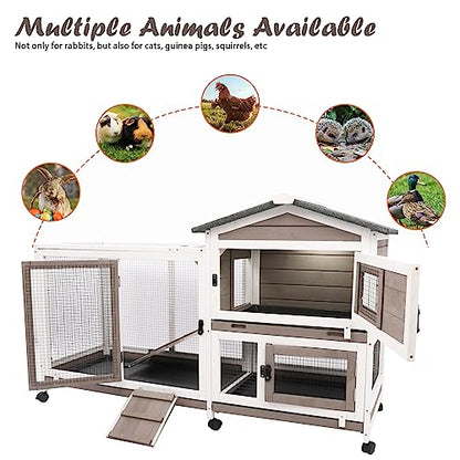 Gowoodhut Rabbit Hutch Indoor Outdoor 2 Story Bunny Cage with 3 No Leak Trays,55.31" L Guinea Pig Cages Rabbit Cage with 6 Wheels for Guinea Pig,Rabbit for Rabbit Lover|Pet Lover(White/Grey) - size: 55.3"L x 21.7"W x 34.7"H