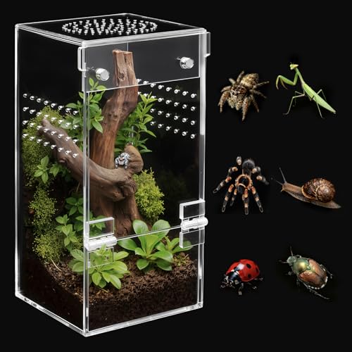 AZV Jumping Spider Enclosure Escape Proof Praying Mantis Habitat Arboreal Tarantula Terrarium with Magnetic Opening Door Baby Spider House Fully Transparent Acrylic Reptile Tank Insect Cage Bug Cribs - size: Small