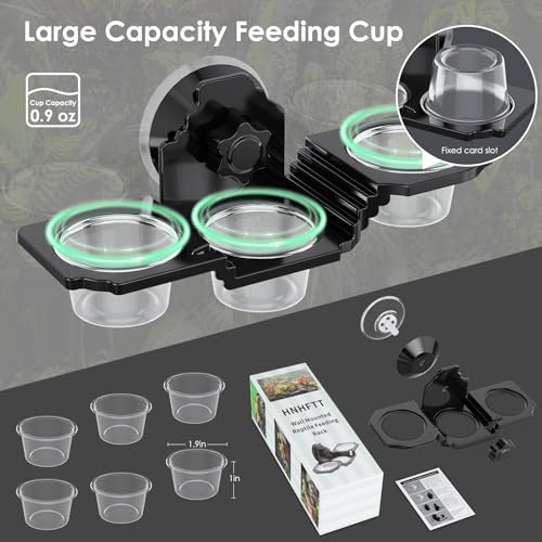 Crested Gecko Feeding Ledge with 6 PVC Cups -Strong Suction Reptile Food Dish for Leopard Geckos, Spiders,Lizard,Snail & Small Birds - Space-Saving Terrarium Habitat Feeder Easy to Clean