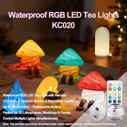 Mini Waterproof RGB LED Tea Lights with Remote Control for Bambu Lab KC020,3D Print Battery Powered LED Light Kit,Small Multicolor LED Flame Tea Light Candle Set for 3D Printing Projects(12 PCS) - style: 12Pack