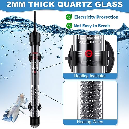 Dreyoo 2 Set 100W Submersible Aquarium Heater, Adjustable Aquarium Fish Tank Heater with 4 Thermometers Stickers and Suckers, Adjustable Knob Thermostat for Marine Saltwater and Freshwater